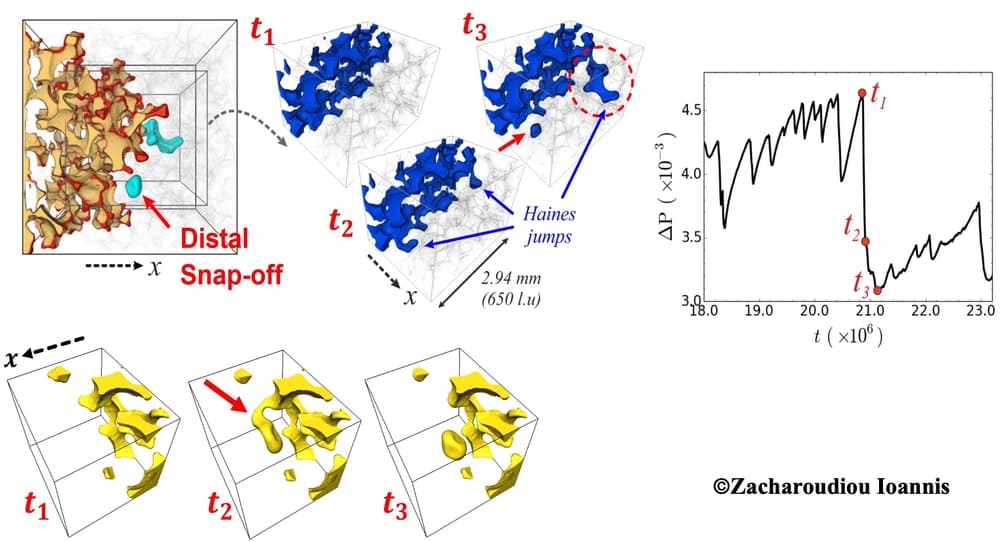 (a) Fluid rearrangement occurs as a result of jump events. (b) Multiple jump events culminate in distal snap-off (indicated by the red arrow), (c) The same distal snap-off event is depicted from an alternative viewing angle.