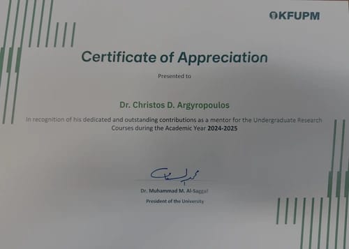 Recognition of Dr. Christos D. Argyropoulos for his dedication and outstanding contributions as a mentor for the Undergraduate Research Courses during the Academic Year 2024-2025. - Right