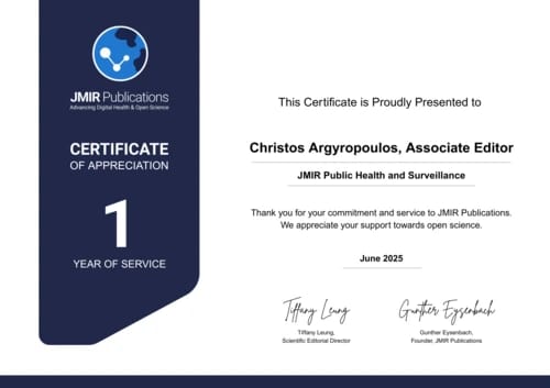 Recognition of Dr. Christos D. Argyropoulos from JMIR Publication for his service on the Editorial Board of JMIR Public Health and Surveillance, as Associate Editor.