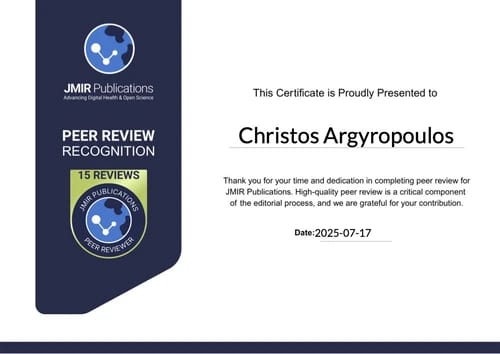 Recognition of  Dr. Christos D. Argyropoulos for his contributions as a Peer Reviewer to JMIR Publications.