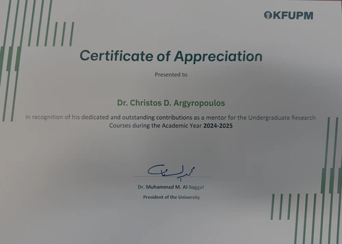 Recognition of Dr. Christos D. Argyropoulos for his dedication and outstanding contributions as a mentor for the Undergraduate Research Courses during the Academic Year 2024-2025.